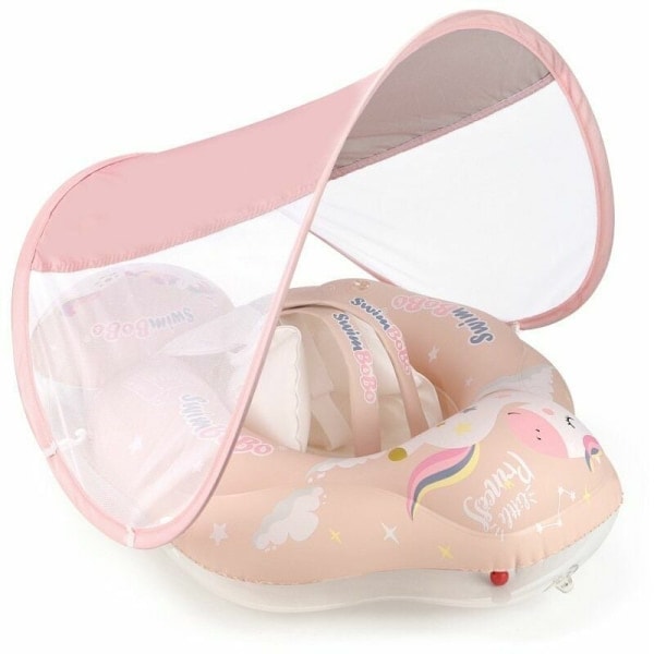 Baby Badring med Avtagbart Solskydd, Uppblåsbar Badring för Barn, 6-36 Månader (Rosa XL)