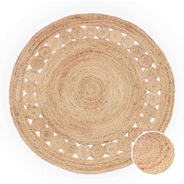 Pyöreä matto olohuoneeseen juuttia etninen kuvio Boho moderni käsintehty luonnonmatto, koko: 80 cm pyöreä, väri: luonnonvärinen