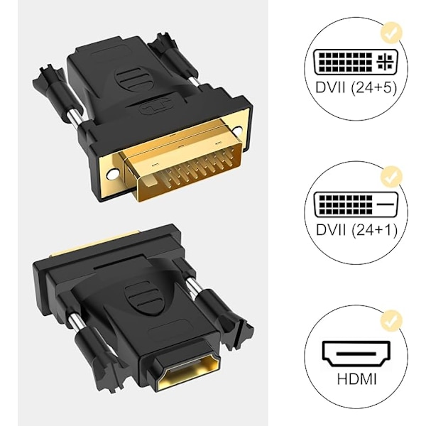 DVI–HDMI-sovitin (2 kpl), kullattu DVI (DVI D) uros–HDMI naaras -muunninsovitin, kaksisuuntainen tuki 3D 4K ARC Ethernetille