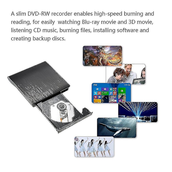 Ekstern USB 3.0 Slim DVD-RW CD-brenner Drive Reader Burner Player for bærbar PC