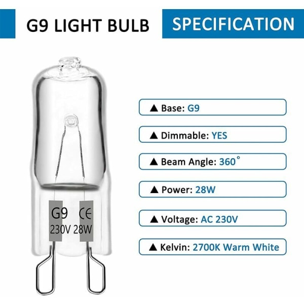 G9 halogeenilamppu 28W 230V, 370LM 2700K lämmin valkoinen himmennettävä, G9 kapselilamput, kattokruunuihin, maisemavaloihin, seinävalaisimiin, kaappivalaisimiin, pakkaus o