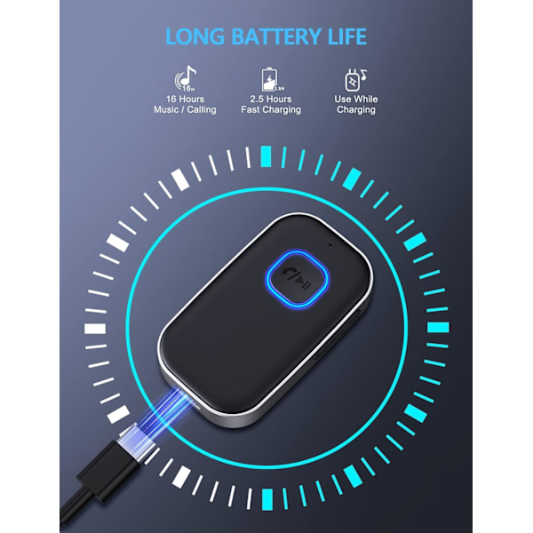 Bluetooth-vastaanotin autoon, melua vaimentava 3,5 mm AUX Bluetooth-autolaturi, handsfree-puhelut, 16 tunnin akunkesto - Musta+Hopea
