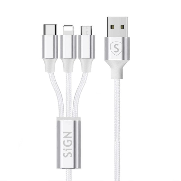 SiGN 3-i-1 Kabel 0,25m - Lightning, USB-C, Micro-USB 5V, 3A - Vi