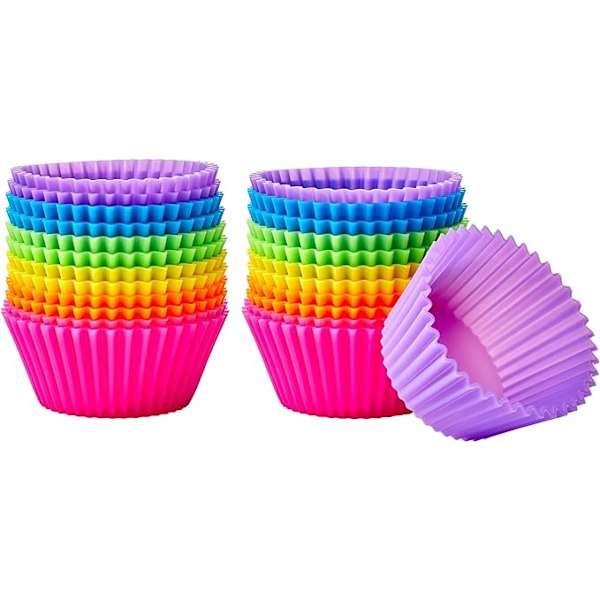 Runde Bageforme, Genanvendelig Silikone, Ovnfast op til 220°C, 24-pak, Assorterede Farver