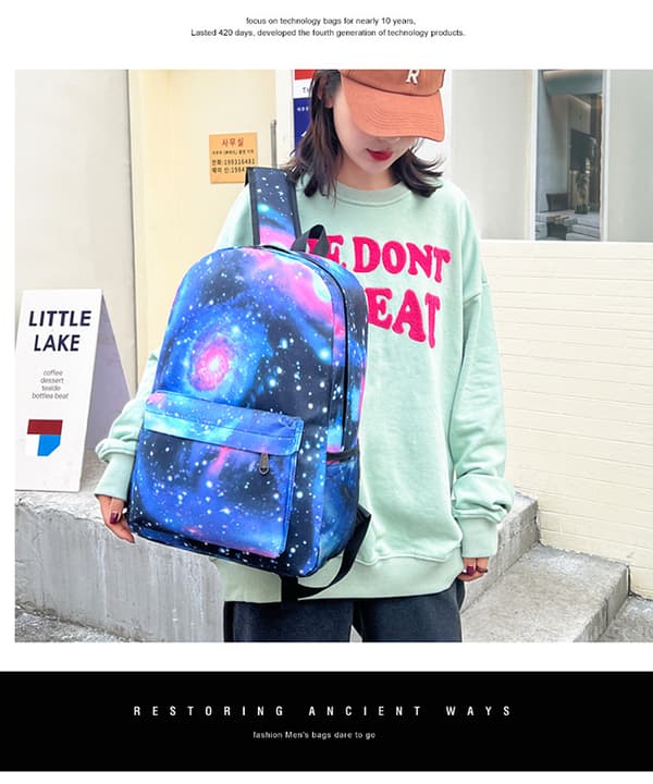 The Hunger Games Stjernehimmel Ungdomsstuderrygsæk til mænd og kvinder Rejserygsæk Tre-delt sæt Sort Thun Black Thunder Backpack + shoulder bag