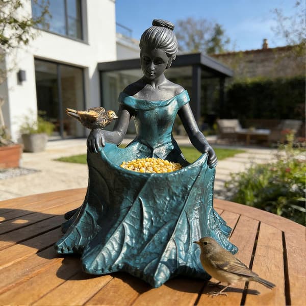 Fehave Statue Fuglefoderbræt Og Fuglebad Harpiks Udendørs Dekorativ Pigeskulptur til Haven A