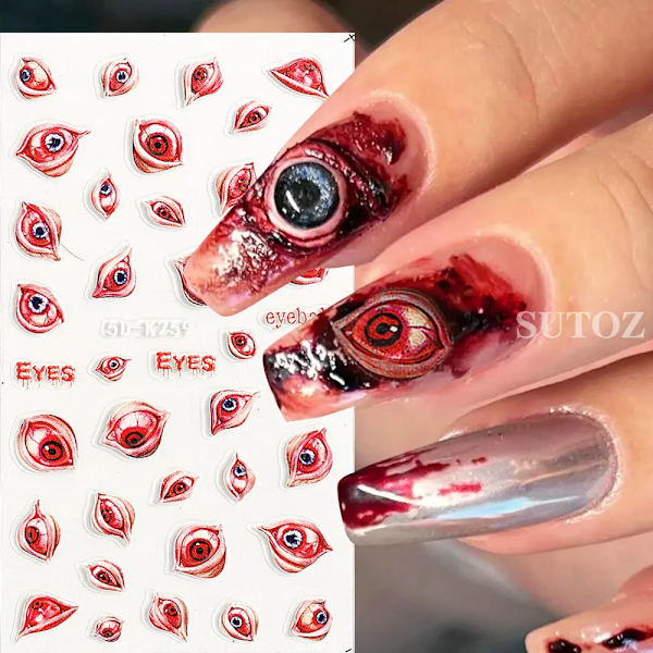 5D Röd Ond Ögonkula Nagelsticker Präglad Halloween Dekoration Blod Spindel Design Centipede Skorpion Manikyr Slider LEB5D-K257 STZ-1010