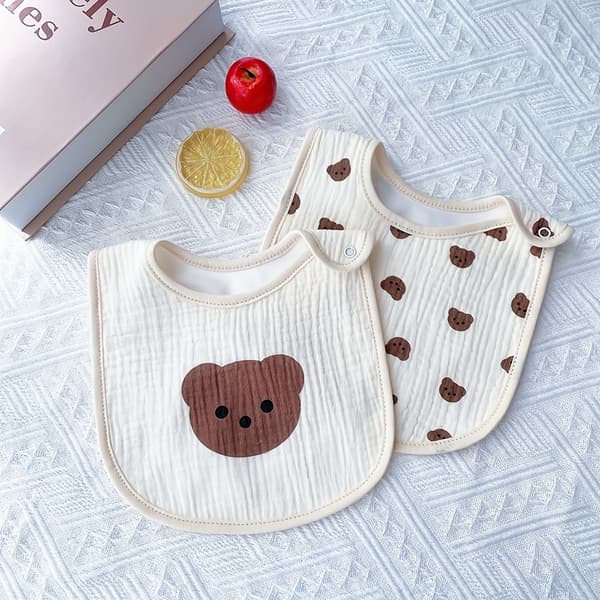 2-pack haklappar i bomullsgasväv - U-formade rapdukar, salivhanddukar för nyfödda Teddy Bear