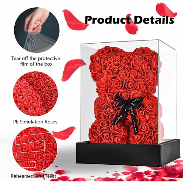 Madara Rose Bjørn med Æske 25 cm, Valentinsdagsgave til Hende, Rød Kunstig Blomsterbjørn, Gave til Bedstemor, Mor, Mors Dag, Fødselsdag