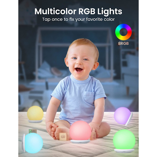 Børnenatlampe, genopladelig børnenatlampe med berøringskontrol, timer, 8 RGB farver lampe baby natlampe til børn