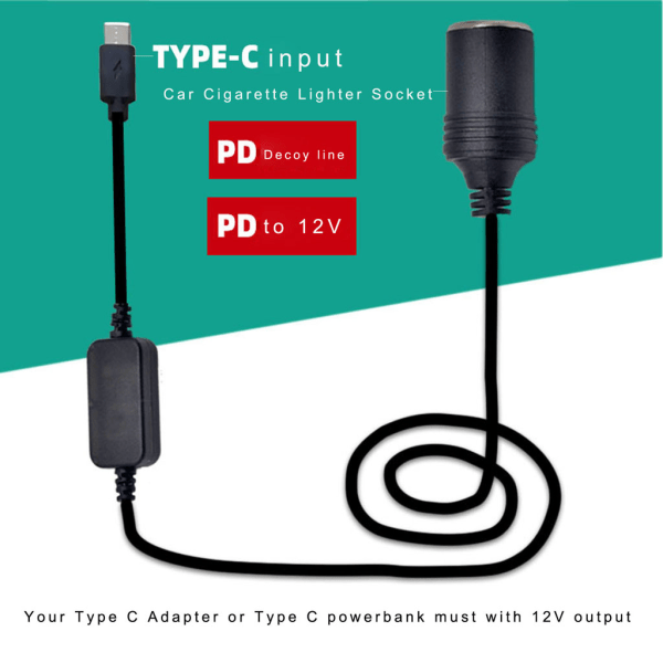 USB C PD-hunn til C-hann til 12V billaderkontaktstrøm med utgangsspenningsdisplay for 12V bil LED-lys 0,06 0.06 30CM