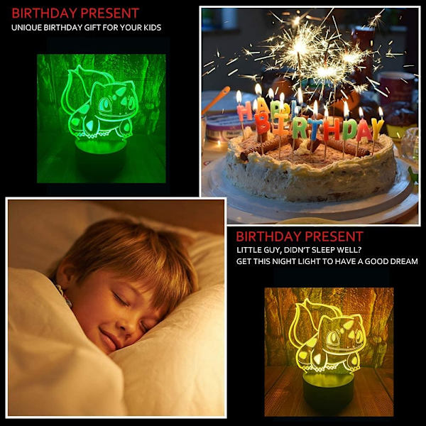 Anime Figur 3D Bulbasaur LED Optisk Illusion Soveværelsesdekoration