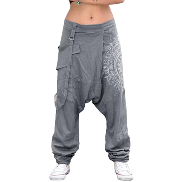 Fianao Dame Lav Midje Drop Crotch Retro Print Baggy Bukser Løs Harem Bukser-WELLNGS Grå Grey M