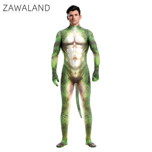 Zawaland Halloween Bodysuits Mænd Voksen Kostume Med Hale Dækning Elastisk Zentai Kostume Cosplay Dyr Dragon Print Catsuit 1010 L