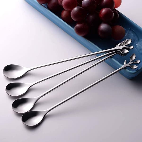 6-pack Eleganta Silver Leaf Teskedar med Långt Skaft - 7,4\" Rostfritt Stål Rörskedar för Kaffe & Te