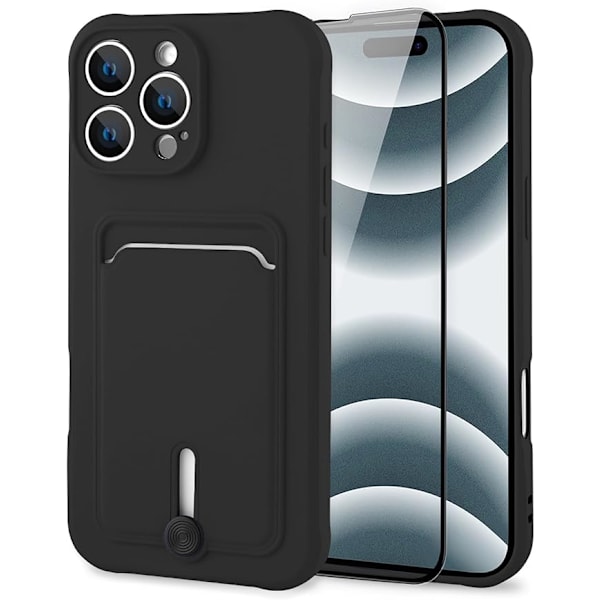 MZELQ TPU Plånbok Kompatibel med iPhone 16 Pro Max Skal, Korthållare Kameraskydd + Skärmskydd, Skjutbart Fack för - Svart
