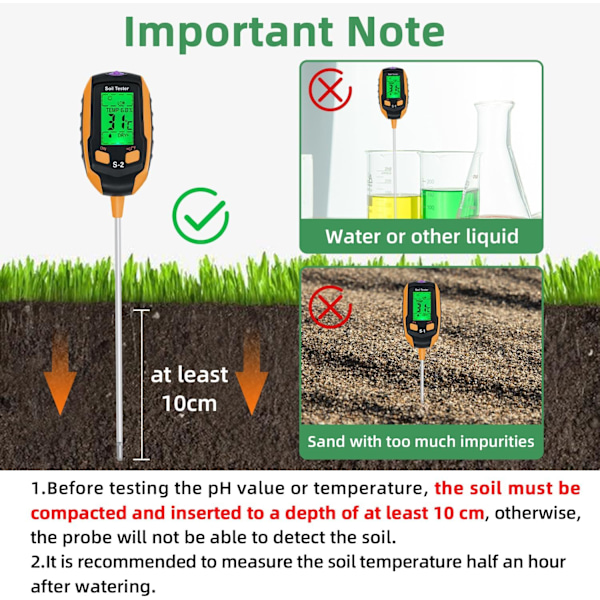 Digitaalinen 5-in-1-kosteusmittari PH/Lämpötila/Kosteus/Valo/Ympäristön kosteuden mittaus puutarhaan, nurmikolle, maatalouskasveille ja ulkokasveille -S2