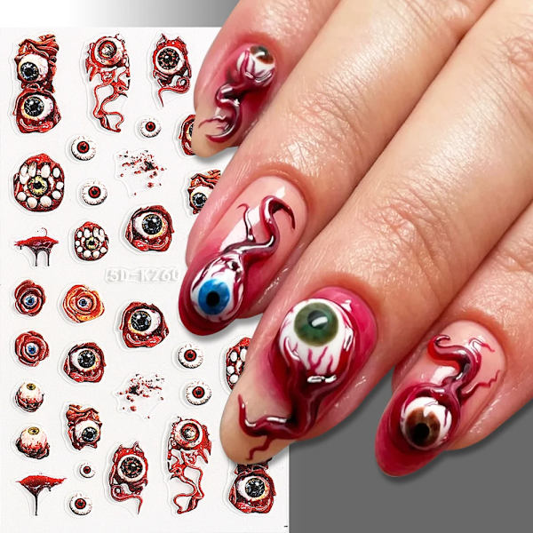5D Röd Ond Ögonkula Nagelsticker Präglad Halloween Dekoration Blod Spindel Design Centipede Skorpion Manikyr Slider LEB5D-K257 SU-10 Black Gold