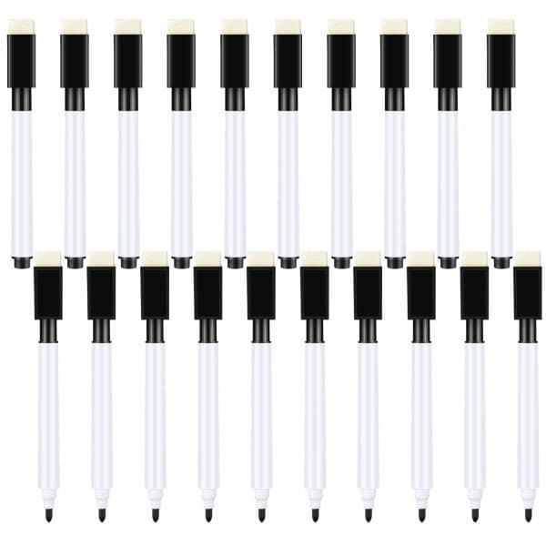 20 små whiteboardpenne - sorte whiteboardpenne med viskelæder, fin spids, whiteboardpenne til børn (sort)
