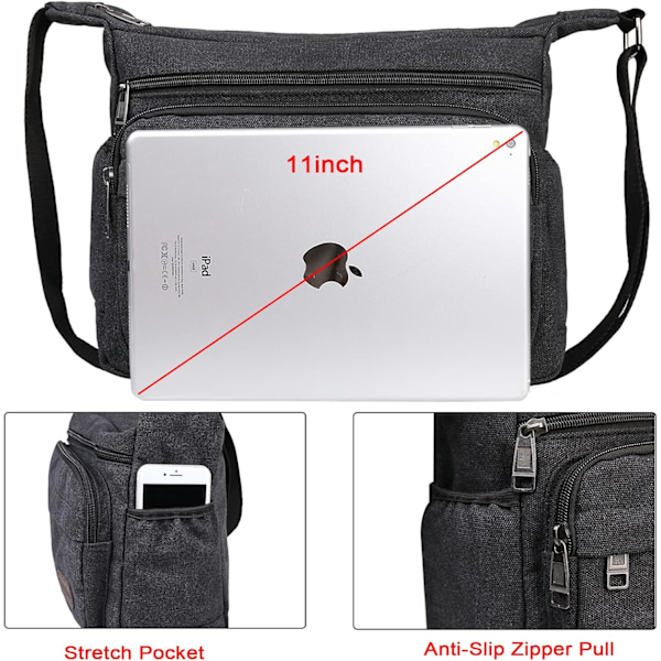 Vattentät Messenger Bag Axelväska 13 Tum, Canvas Crossbody Väska med Flera Fickor för Män, Lätt Casual Axelväska för Utomhusfiske Camping Black