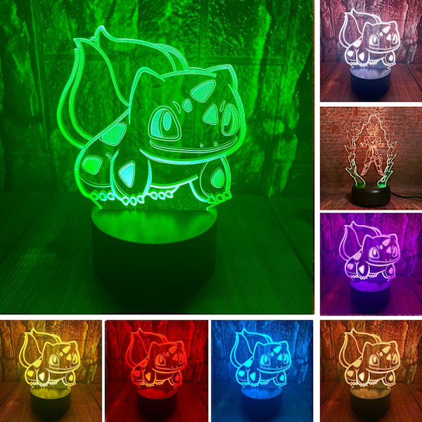 Anime-figuuri 3D Bulbasaur LED-optinen illuusio Yöpöydän koriste