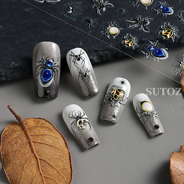 5D Röd Ond Ögonkula Nagelsticker Präglad Halloween Dekoration Blod Spindel Design Centipede Skorpion Manikyr Slider LEB5D-K257 STZ-1010
