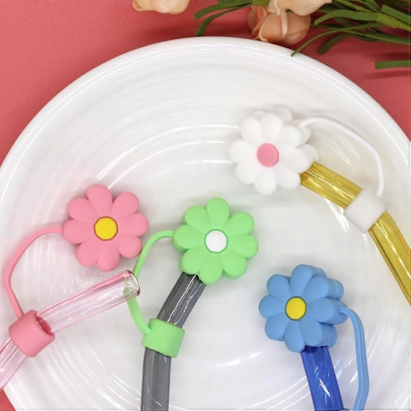 8 st Färgglada Blomtoppar för 10 mm Diameter Silikonstrån - Återanvändbart Stråskydd och Dammskydd [mo]