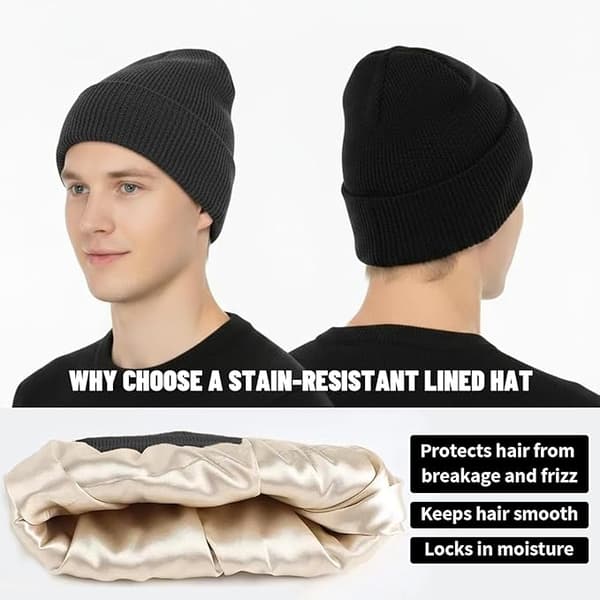 Unisex Mössa 2-pack för Män Kvinnor Vinterstickad Mössa med Satin Silk Foder Mjuk Casual Varm Mössa med Vikt Kant