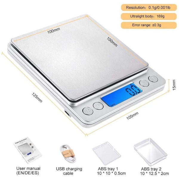 Digital Köksvåg med USB-laddning, 0,1g/3kg Digital Våg, Precision Elektronisk Våg, Psc/Tara/LCD-Display Funktion, 9 Enhetsomvandlingar