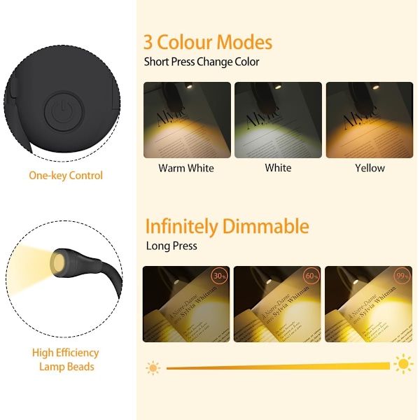 Boklampe, oppladbar leselampe med klips, justerbar lysstyrke【mo】