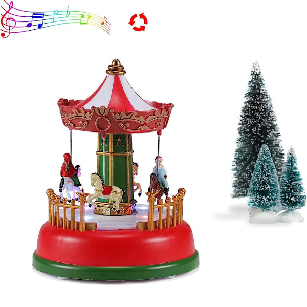 Julebydekorasjon Karneval Scene Animert Karusell med LED Lys Høytids Ornament C