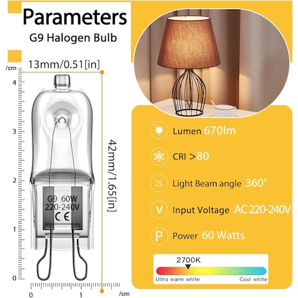 G9-halogeenilamput 60W, 230V, 10 kpl 60W