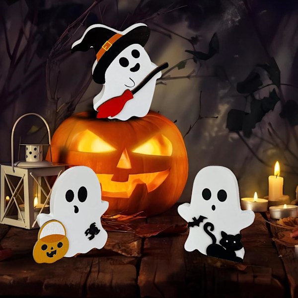 söta spökdekorationer för Halloween inomhus, bordsdekorationer, svart katt, fladdermus, häxkvastskyltar, för Halloweenfest och inomhus & utomhus.