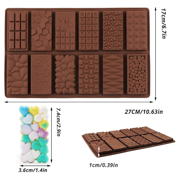 Chokoladeforme, 12 mønstre af mini silikone chokoladebarforme, 12 formhulrum 2pcs