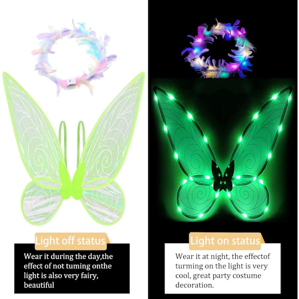 Glitrende fevinger til voksne, LED-pandebånd og tryllestave til børnefester Dragonfly green Dragonfly green