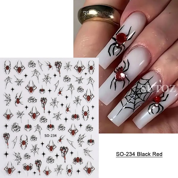 5D Röda Ondöga Nagelsticker Präglad Halloween Dekoration Blod Spindel Design Centipede Skorpion Manikyr Slider LEB5D-K257 SO-234 Black Red