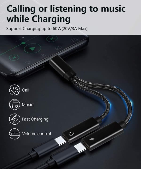 USB C-splitter, doble USB C-hodetelefoner og ladeadapter med[mo]