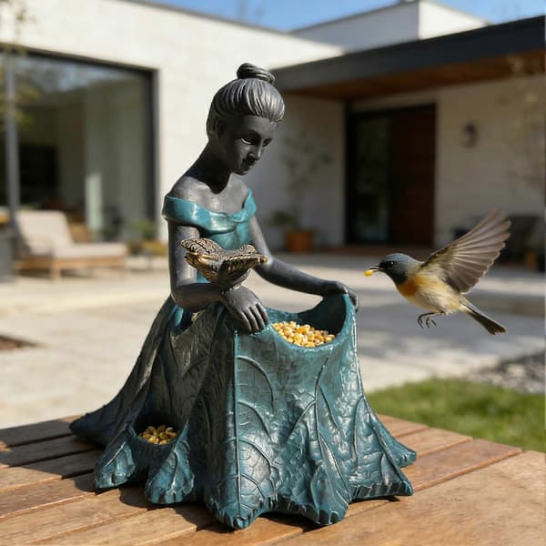 Fehave Statue Fuglefoderbræt Og Fuglebad Harpiks Udendørs Dekorativ Pigeskulptur til Haven A