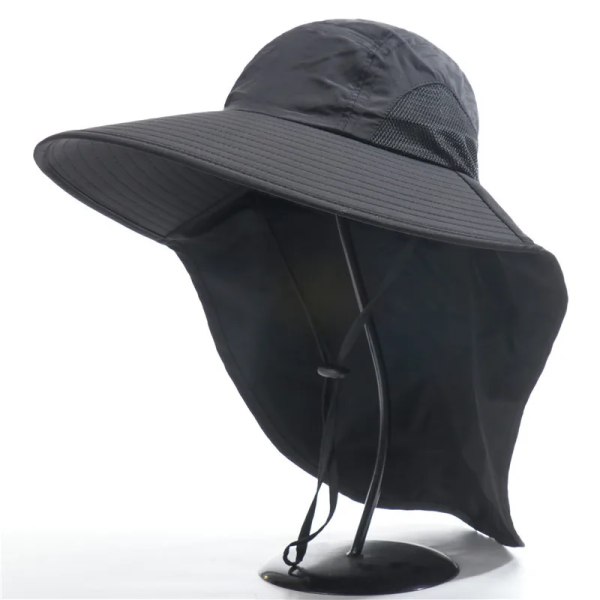 Utendørs fiskerhatt Bred bremmet bøttehatt med deksel Herre Pustende sommer Mesh Solbeskyttelse Visir Anti UV Cap Unisex Black-A