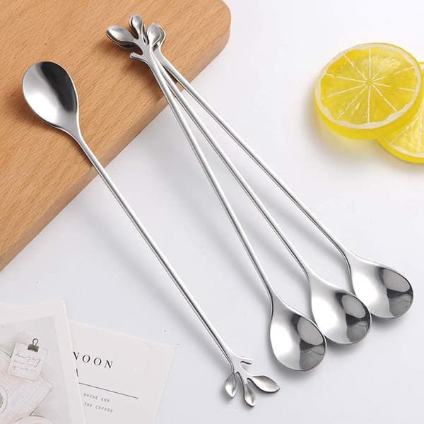 6-pack Eleganta Silver Leaf Teskedar med Långt Skaft - 7,4\" Rostfritt Stål Rörskedar för Kaffe & Te