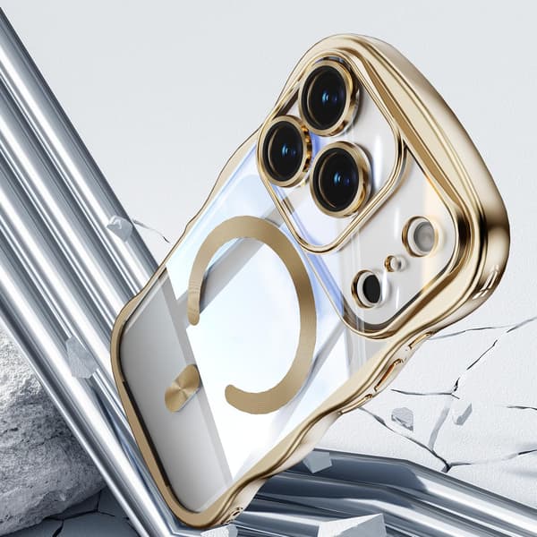 Magnetiskt telefonfodral, stöder trådlös laddning, stötsäkert kameraskydd, transparent skyddande galvaniserat stötfångarskydd, guldfärg.