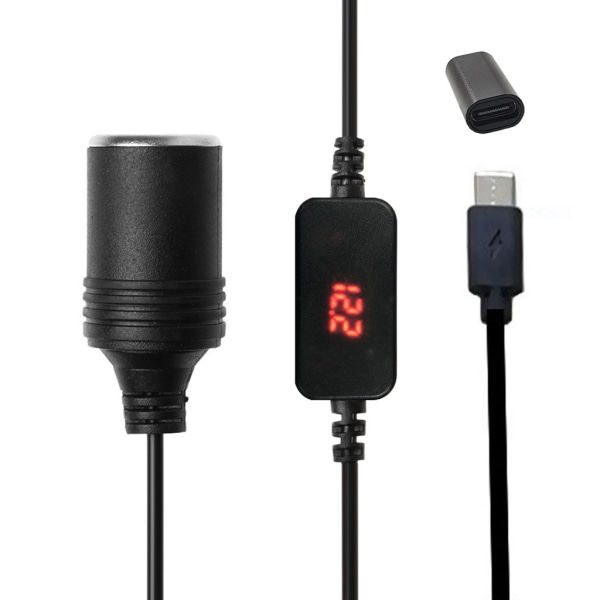 USB C PD-hunn til C-hann til 12V billaderkontaktstrøm med utgangsspenningsdisplay for 12V bil LED-lys 0,06 0.06 30CM