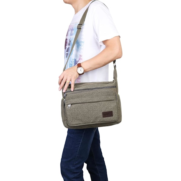 Vattentät Messenger Bag Axelväska 13 Tum, Canvas Crossbody Väska med Flera Fickor för Män, Lätt Casual Axelväska för Utomhusfiske Camping Green