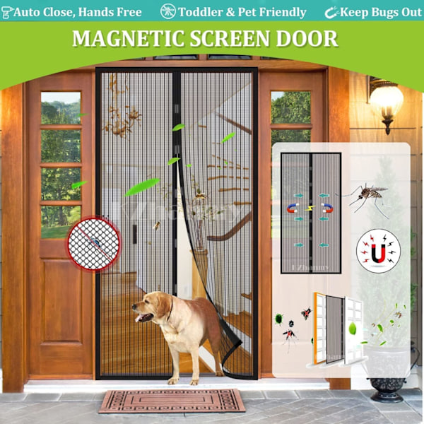 Magnetisk Dørskærm, Flueskærm Dørgardin, Magnetisk Lukning Dørskærm, Automatisk Lukning, 120x210CM Sort