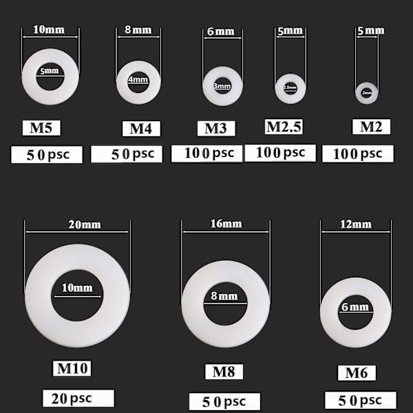 520 kpl nylon-alustalaa ja muovitiivisteitä M2 M2.5 M3 M4 M5 M6 M8 M10