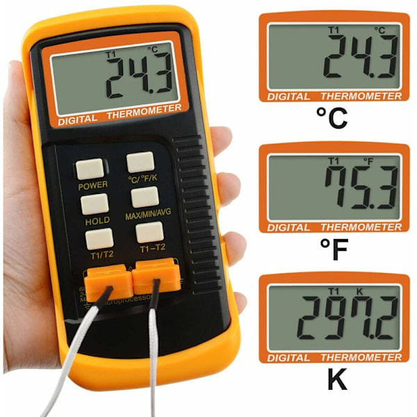 Typ K termometer med 1300°C termoelementsensor (°C, °F och K med 4 termoelement (trådbundna och rostfria){GKS}