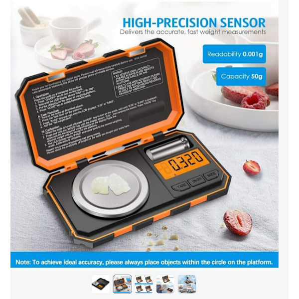 Kjøkkenvekt, 200g/0.01g Digital Lommevekt, 0.01g Presisjonsvekt for Mat, med 200g Vektkalibrering, Pinsett, Tarefunksjon, Bakgrunnsbelyst LCD