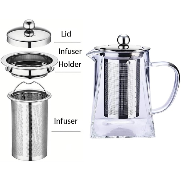 Klar Glastekande med Si Te-Si Rustfrit Stål Firkantet Tekande med Si til Løs Te og Kaffe (750ML-Firkantet)