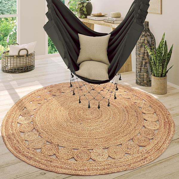 Pyöreä matto olohuoneeseen juuttia etninen kuvio Boho moderni käsintehty luonnonmatto, koko: 80 cm pyöreä, väri: luonnonvärinen