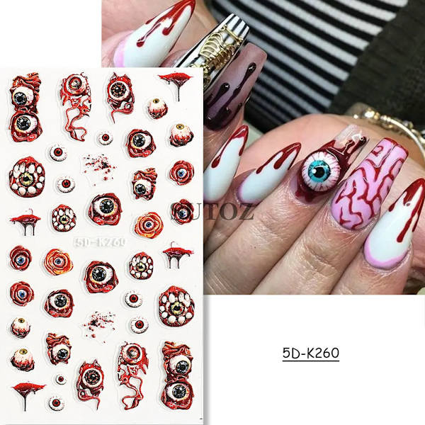 5D Röd Ond Ögonkula Nagelsticker Präglad Halloween Dekoration Blod Spindel Design Centipede Skorpion Manikyr Slider LEB5D-K257 5D-K260